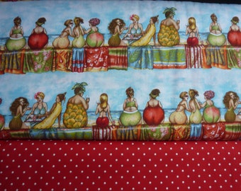 Fabric package Fruit Ladies Beauties on the Beach 4 complete rows and 0.5 meters of red fabric with white dots cotton fabric from MODA