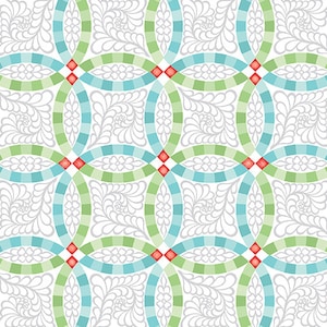 Könnte beinhalten: Ein nahtloses Muster mit ineinandergreifenden Kreisen in Grün-, Blau- und Rottönen auf weißem Hintergrund. Die Kreise sind mit einem wirbelnden, floralen Design verziert.