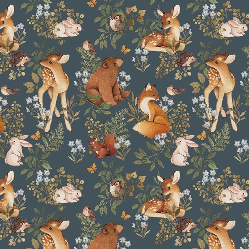 Baby animals fabric by the yard, squirrel in forest print, quilting cotton  with fox, raccoon sewing fabric, nature trail fabric
