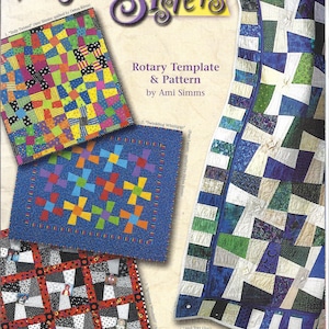 May include: A book cover titled "Twisted Sisters" featuring colorful quilt patterns. The cover includes the text "Rotary Template & Pattern by Ami Simms" and showcases several quilt designs with various geometric shapes and vibrant colors.