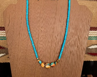 18 inches Turquoise with Spiny Oyster Sterling Silver Necklace