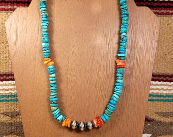 20 inches Natural Kingman Turquoise with Spiny Oyster and Navajo Pearl Sterling Silver Necklace