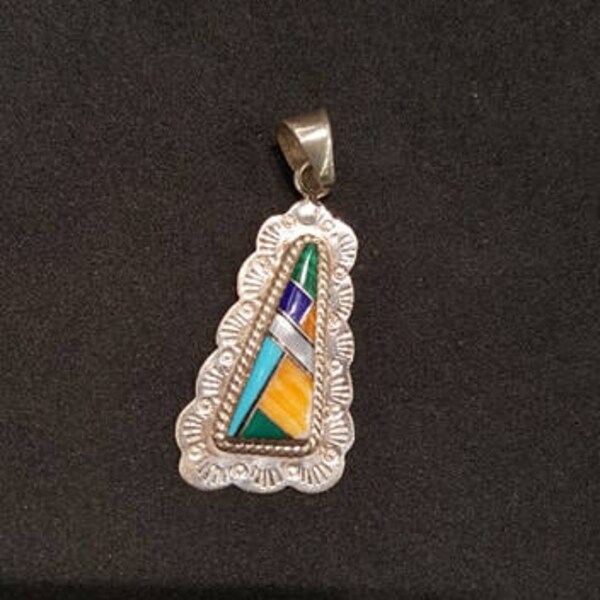 Navajo inlay spiny oyster sterling silver pendant
