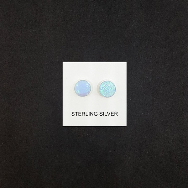 6 mm round Light Blue Fire Opal sterling silver stud earrings