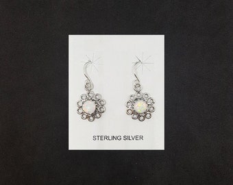 Sunflower 5 mm round White Fire Opal sterling silver dangle earrings