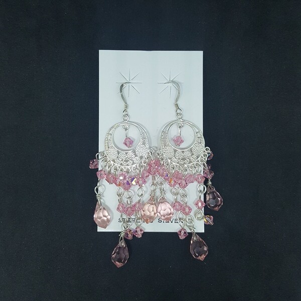 Dream Catcher round crescent shape hanging stones rose pink quartz mini design sterling silver dangle earrings