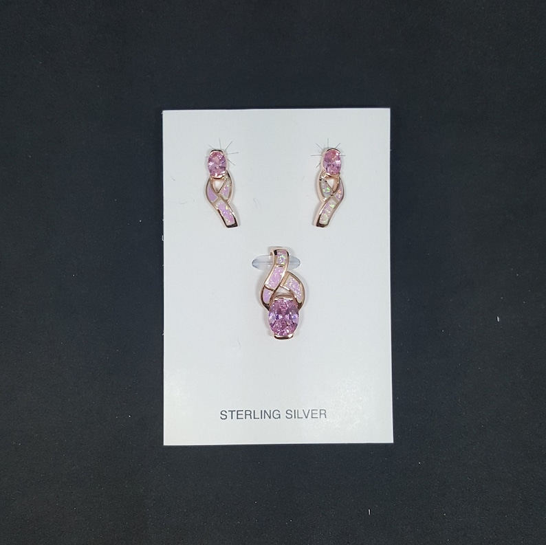 Wavy design pink cz pink fire opal rose gold over sterling silver pendant necklace stud earrings