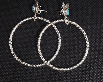 Silver Handmade Kingman Turquoise Hoop Stud Earring Sterling Silver