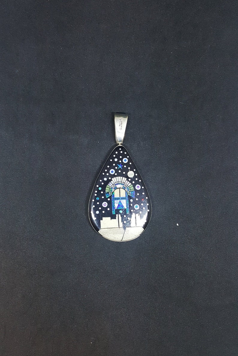 Southwest Night sky chief head mountain micro inlay sterling silver pendant necklace