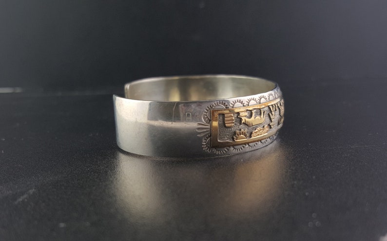Navajo Farm and Ranch Scene 12k Gold sterling silver cuff bracelet vintage