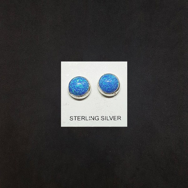 7 mm round Blue Fire Opal sterling silver stud earrings