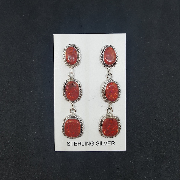 3 Stones Red Fire Opal long thin chain style post earrings