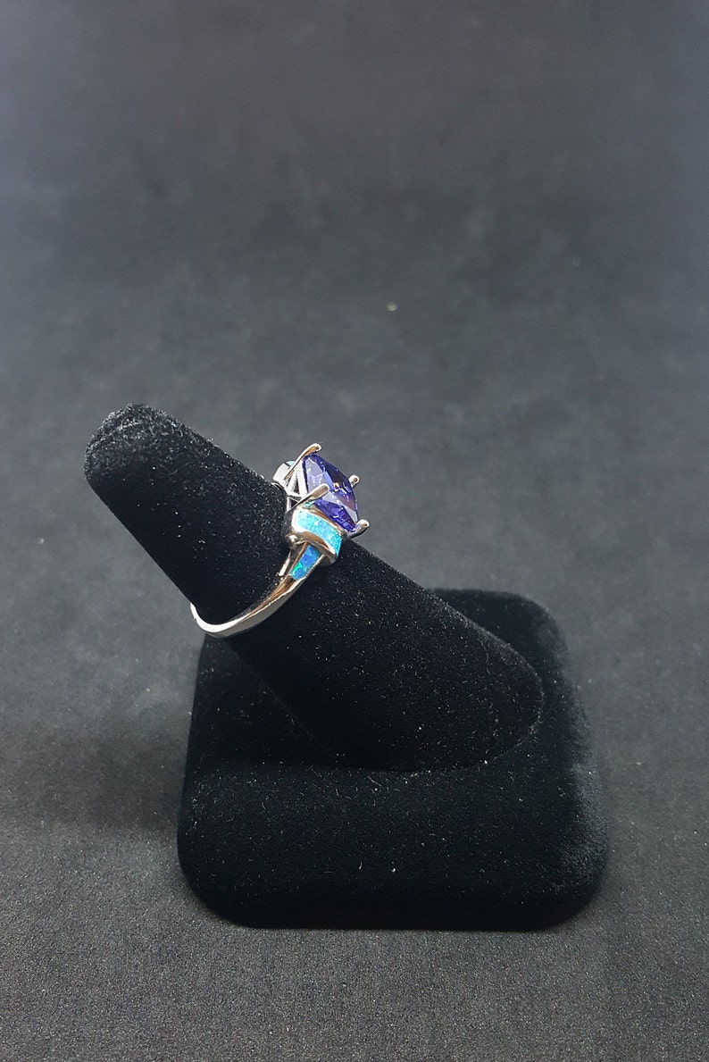 Size 8 14 Blue Fire Opal Tanzanite Rectangle shape sterling silver ring
