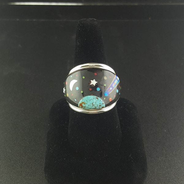 Southwestern Galaxy Cosmic Scene Inlay multi-colored sterling silver men's ring - size 12