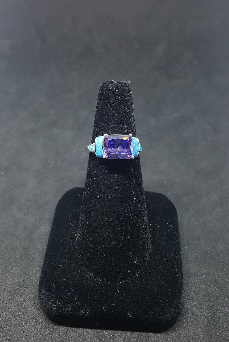 Size 8 14 Blue Fire Opal Tanzanite Rectangle shape sterling silver ring
