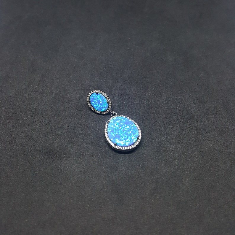 Oval Blue Fire Opal micro CZ Sterling Silver Opal Pendant