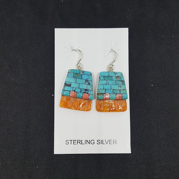 Southwest Bricks inlay Kingman Turquoise Spiny Oyster rectangle shell sterling silver dangle earrings