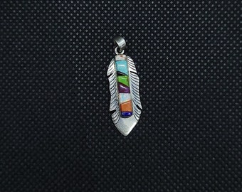 Multi-stones Inlay Feather Shape Sterling Silver Pendant