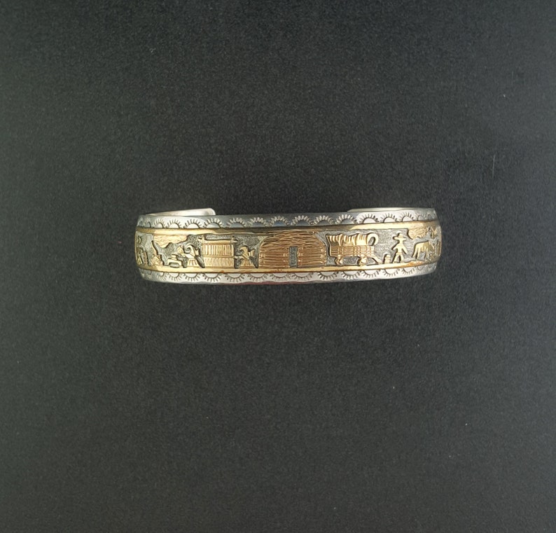 Navajo Farm and Ranch Scene 12k Gold sterling silver cuff bracelet vintage