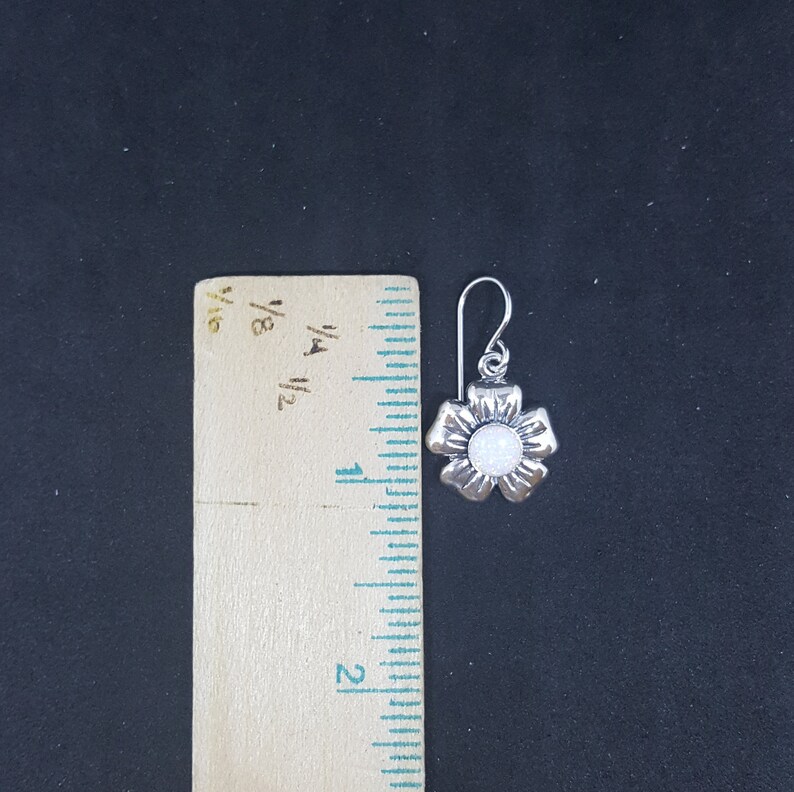 Hibiscus flower 6 mm round White Fire Opal sterling silver dangle earrings