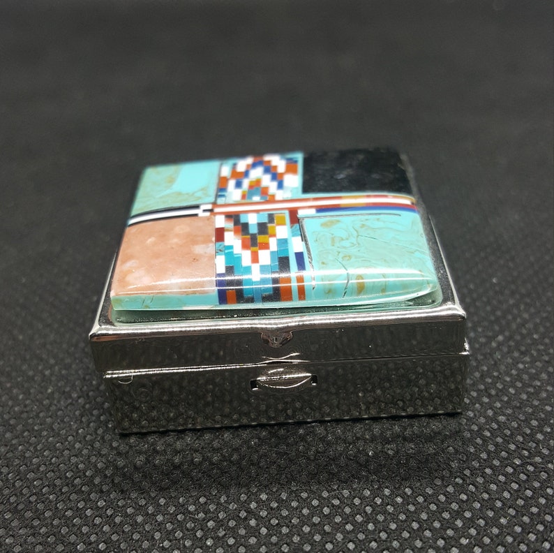 Stainless Steel Multi Stone Inlay Square Pill Box Sterling Silver