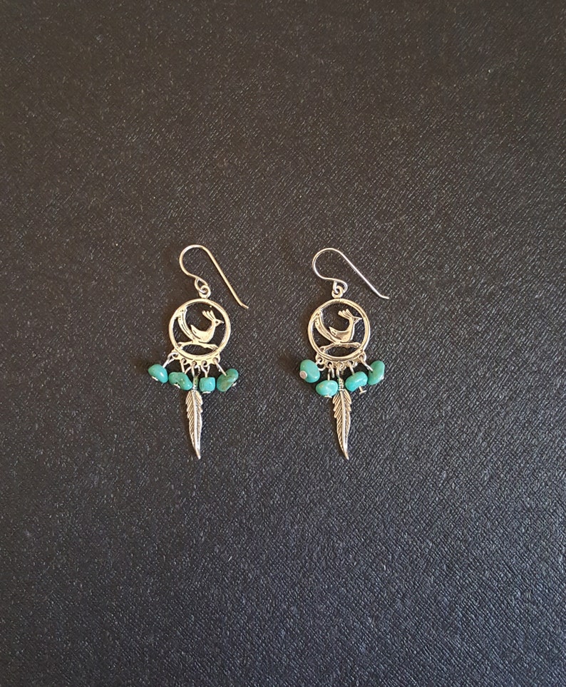 Southwestern Roadrunner Bird Feather Kingman turquoise sterling silver dangle earrings