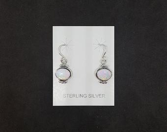 Lantern design Oval White Fire Opal sterling silver dangle earrings