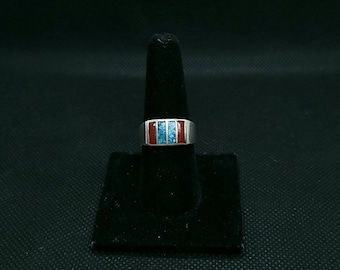 Turquoise and Coral Inlay Sterling Silver Ring- size 8 3/4