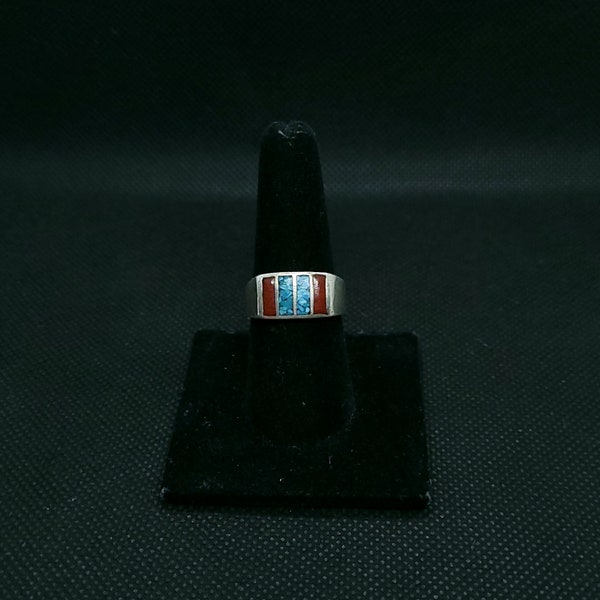 Turquoise and Coral Inlay Sterling Silver Ring- size 8 3/4