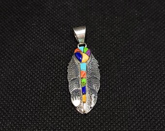 Multi-stones Inlay Feather Shape Sterling Silver Pendant