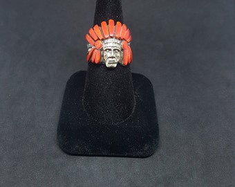 Southwest chief head with Coral sterling silver ring