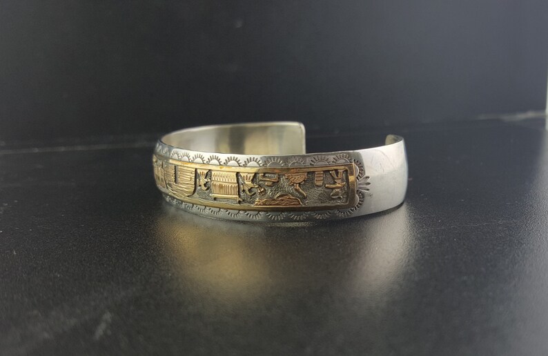 Navajo Farm and Ranch Scene 12k Gold sterling silver cuff bracelet vintage