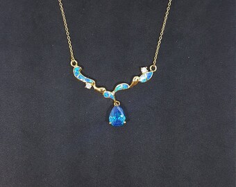 Blaue Feueropal und Topas Teardrop Stern mit CZ Runde Form vergoldet Sterling Silber Anhänger Halskette