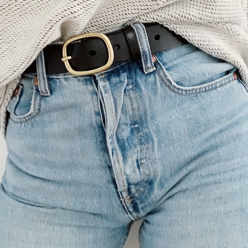 Black Leather Belt With Gold Buckle Vintage Style Leather Etsy