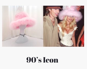 Handmade Large Pink Fuzzy Feather Hat - 90s  Y2K Halloween Couples Costume - Pamela Anderson Hat - Creative Costume - Burning Man - MTV