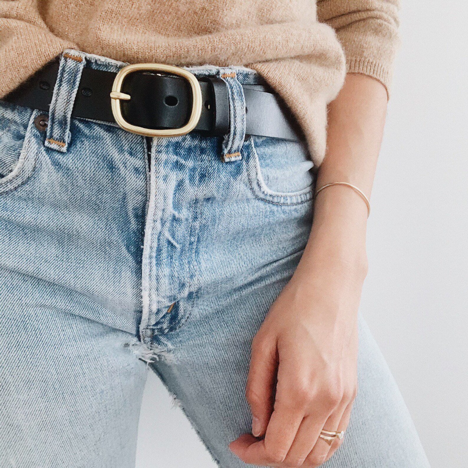 Black Leather Belt With Gold Buckle - Classic Vintage Style - Womens ...