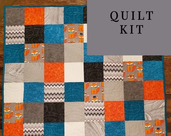Fox Teal and Orange Baby Quilt Kit for Beginner, Precut Baby Quilt Kit Fabric Squares, Charm Pack, Quilt Kits with Fabric and Pattern