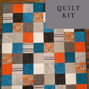 Fox Teal and Orange Baby Quilt Kit for Beginner, Baby Quilt Kit 5" Precut Fabric Squares, Charm Pack, Quilt Kits with Fabric and Pattern