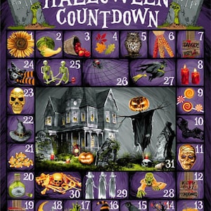 May include: A purple Halloween countdown calendar with 31 numbered squares. Each square features a different Halloween-themed image, including a pumpkin, a witch, a ghost, a skull, a spider, a bat, a cauldron, and a graveyard. The calendar is decorated with a purple background and black and white accents.