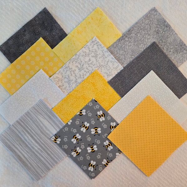 Bees Baby or Lap Quilt Kit, Pre-cut Quilt Fabric Squares, Charm Pack, Fleece Back, Honey Bee, Bubble Bee, Fabric Yellow Grey Baby or Lap