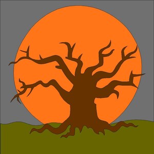 May include: A silhouette of a bare tree with many branches against a large orange sun. The tree is brown and the sun is orange. The background is a light gray.