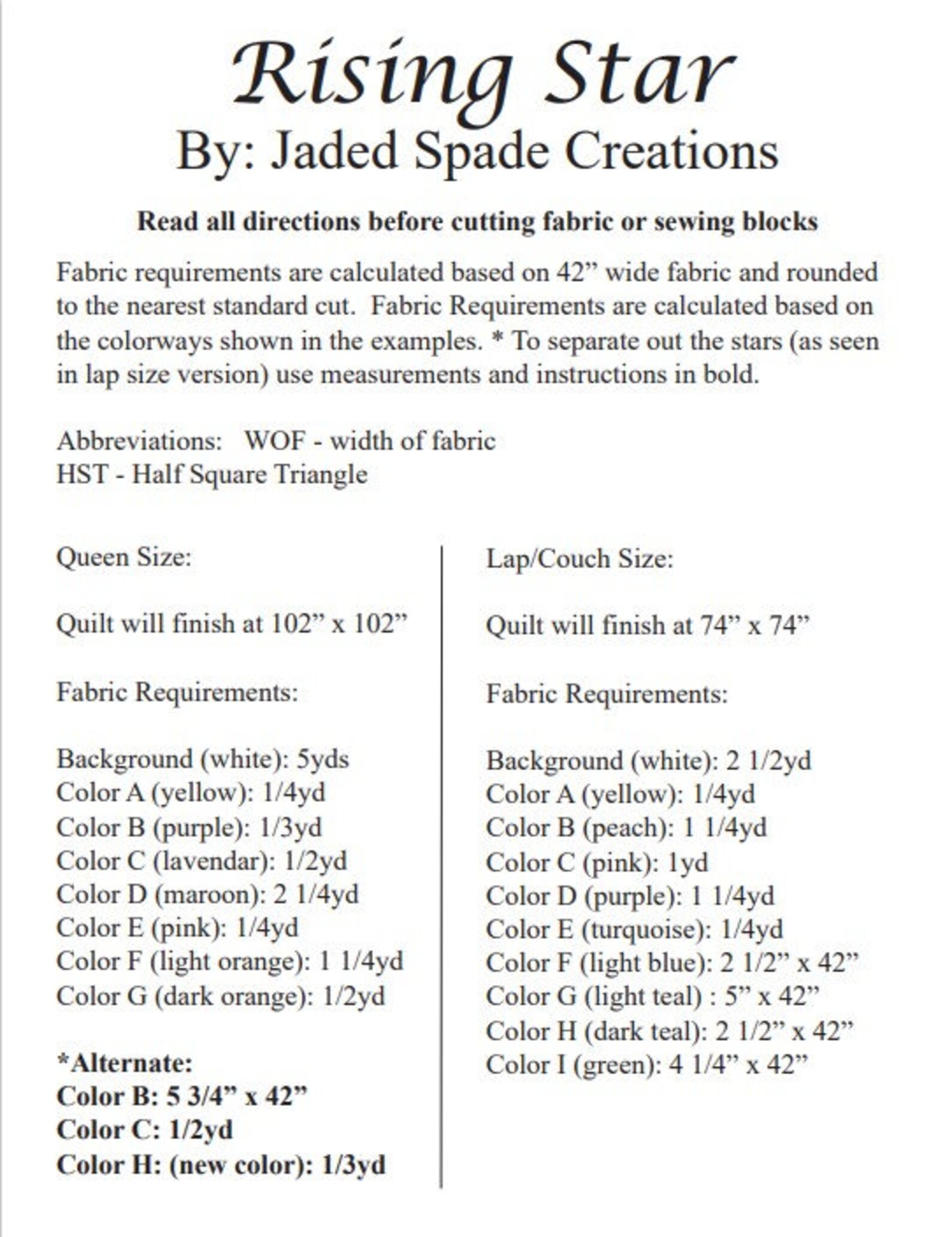 Rising Star Quilt Pattern 2 Sizes Lap and Queen Size Quilt Pattern ...