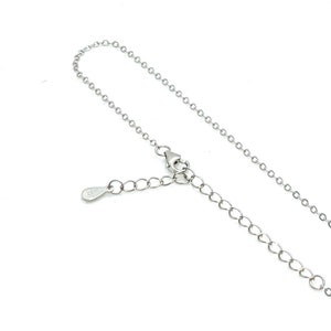 May include: A silver chain necklace with a lobster clasp and a small, teardrop-shaped tag.
