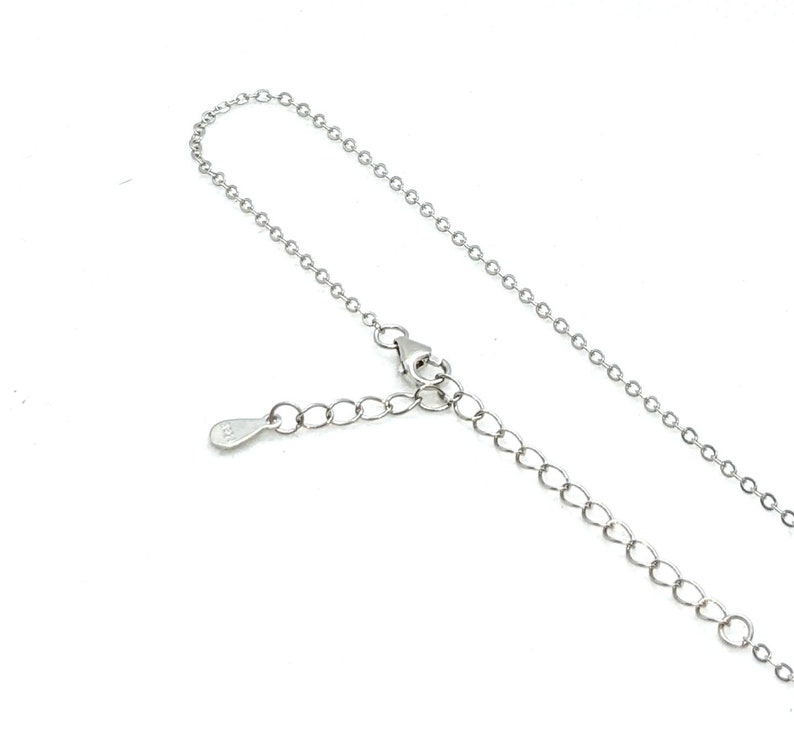 May include: A silver chain necklace with a lobster clasp and a small, teardrop-shaped tag.