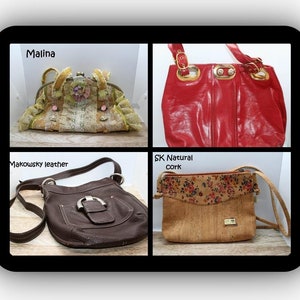 May include: A collage of four handbags. The top left bag is a light green fabric with floral embellishments. The top right bag is a glossy red with gold hardware. The bottom left bag is brown leather. The bottom right bag is cork with floral accents.