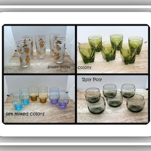 Midcentury Avocado green Colony 6 glass, 5 Golden leaves Libby frosted glass set, Mixed color vintage glasses, Smoky Roly Poly glass set