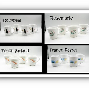 May include: A collage of four sets of white ceramic mugs, each featuring distinct floral patterns. The sets are labeled Octagonal, Rosemarie, Peach garland, and France Pastel, showcasing various handle shapes and colorful botanical designs.