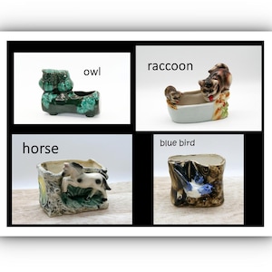 Può includere: Quattro piccole statuette di animali in ceramica: un gufo, un procione, un cavallo e un uccello azzurro. Ogni statuetta è in un contenitore rettangolare. Il gufo è verde e nero, il procione è marrone e beige, il cavallo è bianco e beige, e l'uccello azzurro è blu e marrone.