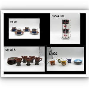 May include: A collage of images showcasing various vintage teacups and saucers. One image displays a set of five cups and saucers, while another shows a stack of teacups with a floral design. Other images show individual teacups.