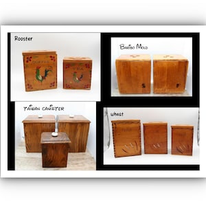 May include: A collection of wooden kitchen storage containers and molds. The image includes boxes labeled "Rooster", "Butter Mold", and "Wheat". The "Rooster" boxes have painted rooster designs. The "Taiwan Canister" is also shown.